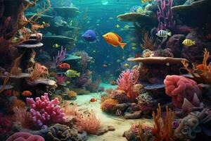 AI Generated Tropical sea underwater fishes on coral reef. Aquarium oceanarium wildlife colorful marine panorama landscape nature snorkel diving. AI Generative. photo