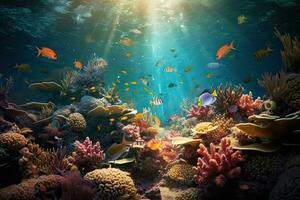 AI Generated Tropical sea underwater fishes on coral reef. Aquarium oceanarium wildlife colorful marine panorama landscape nature snorkel diving. AI Generative. photo