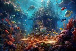 AI Generated Tropical sea underwater fishes on coral reef. Aquarium oceanarium wildlife colorful marine panorama landscape nature snorkel diving. AI Generative. photo