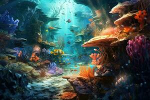 AI Generated Tropical sea underwater fishes on coral reef. Aquarium oceanarium wildlife colorful marine panorama landscape nature snorkel diving. AI Generative. photo