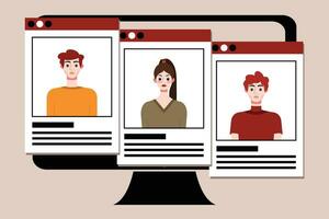 Group of young people on computer screen. Vector illustration in flat style.