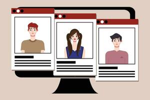 Group of young people on computer screen. Vector illustration in flat style.