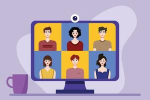 Video conference concept. People avatars on computer screen. Vector illustration