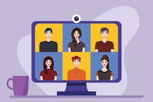 Video conference concept. People avatars on computer screen. Vector illustration