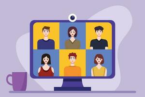 Video conference concept. People avatars on computer screen. Vector illustration