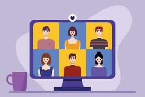 Video conference concept. People avatars on computer screen. Vector illustration