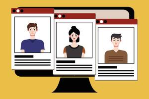 Group of young people on computer screen. Vector illustration in flat style.