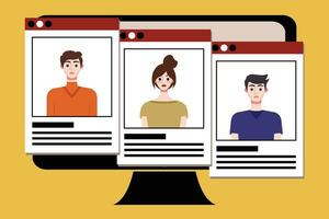 Group of young people on computer screen. Vector illustration in flat style.