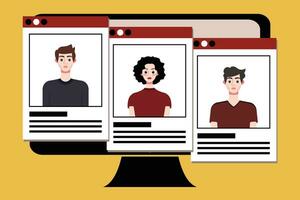 Group of young people on computer screen. Vector illustration in flat style.