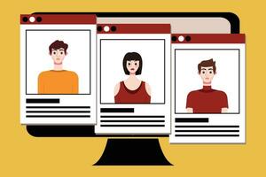 Group of young people on computer screen. Vector illustration in flat style.