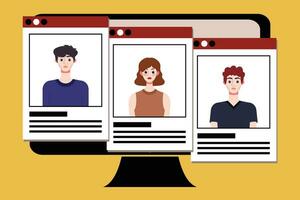 Group of young people on computer screen. Vector illustration in flat style.