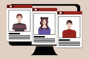 Group of young people on computer screen. Vector illustration in flat style.