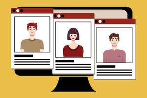 Group of young people on computer screen. Vector illustration in flat style.