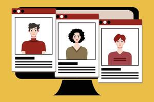 Group of young people on computer screen. Vector illustration in flat style.