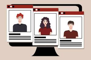 Group of young people on computer screen. Vector illustration in flat style.