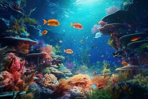 AI Generated Tropical sea underwater fishes on coral reef. Aquarium oceanarium wildlife colorful marine panorama landscape nature snorkel diving. AI Generative. photo