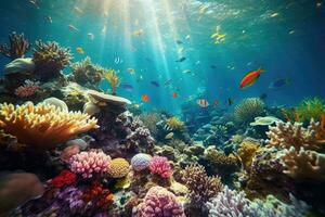 AI Generated Tropical sea underwater fishes on coral reef. Aquarium oceanarium wildlife colorful marine panorama landscape nature snorkel diving. AI Generative. photo