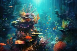 AI Generated Tropical sea underwater fishes on coral reef. Aquarium oceanarium wildlife colorful marine panorama landscape nature snorkel diving. AI Generative. photo