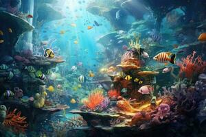 AI Generated Tropical sea underwater fishes on coral reef. Aquarium oceanarium wildlife colorful marine panorama landscape nature snorkel diving. AI Generative. photo