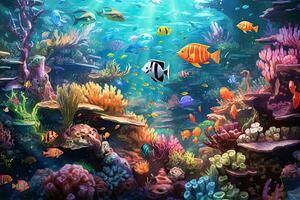 AI Generated Tropical sea underwater fishes on coral reef. Aquarium oceanarium wildlife colorful marine panorama landscape nature snorkel diving. AI Generative. photo