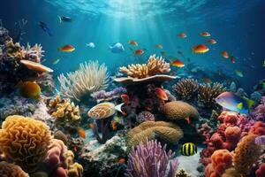 AI Generated Tropical sea underwater fishes on coral reef. Aquarium oceanarium wildlife colorful marine panorama landscape nature snorkel diving. AI Generative. photo