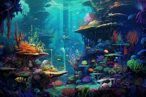 AI Generated Tropical sea underwater fishes on coral reef. Aquarium oceanarium wildlife colorful marine panorama landscape nature snorkel diving. AI Generative. photo