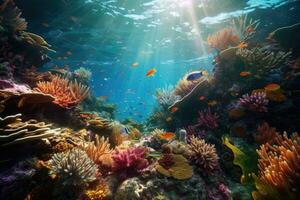 ai generado tropical mar submarino peces en coral arrecife. acuario oceanario fauna silvestre vistoso marina panorama paisaje naturaleza tubo respirador buceo. ai generativo. foto