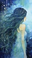 AI generated Watercolor hand drawn long hair girl in underwater world photo