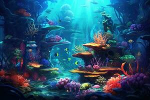 AI Generated Tropical sea underwater fishes on coral reef. Aquarium oceanarium wildlife colorful marine panorama landscape nature snorkel diving. AI Generative. photo