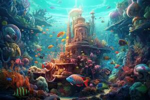 AI Generated Tropical sea underwater fishes on coral reef. Aquarium oceanarium wildlife colorful marine panorama landscape nature snorkel diving. AI Generative. photo