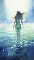AI generated Watercolor hand drawn long hair girl in underwater world photo