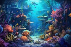 AI Generated Tropical sea underwater fishes on coral reef. Aquarium oceanarium wildlife colorful marine panorama landscape nature snorkel diving. AI Generative. photo