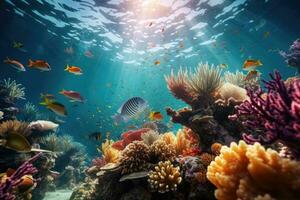 AI Generated Tropical sea underwater fishes on coral reef. Aquarium oceanarium wildlife colorful marine panorama landscape nature snorkel diving. AI Generative. photo