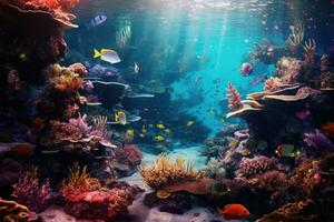 AI Generated Tropical sea underwater fishes on coral reef. Aquarium oceanarium wildlife colorful marine panorama landscape nature snorkel diving. AI Generative. photo