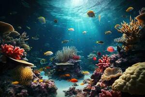 AI Generated Tropical sea underwater fishes on coral reef. Aquarium oceanarium wildlife colorful marine panorama landscape nature snorkel diving. AI Generative. photo