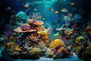 AI Generated Tropical sea underwater fishes on coral reef. Aquarium oceanarium wildlife colorful marine panorama landscape nature snorkel diving. AI Generative. photo