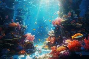 AI Generated Tropical sea underwater fishes on coral reef. Aquarium oceanarium wildlife colorful marine panorama landscape nature snorkel diving. AI Generative. photo