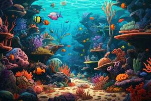 AI Generated Tropical sea underwater fishes on coral reef. Aquarium oceanarium wildlife colorful marine panorama landscape nature snorkel diving. AI Generative. photo