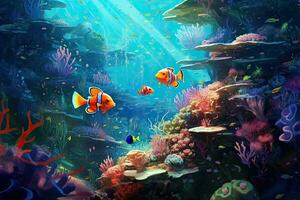 AI Generated Tropical sea underwater fishes on coral reef. Aquarium oceanarium wildlife colorful marine panorama landscape nature snorkel diving. AI Generative. photo