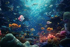 AI Generated Tropical sea underwater fishes on coral reef. Aquarium oceanarium wildlife colorful marine panorama landscape nature snorkel diving. AI Generative. photo