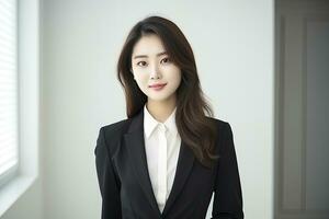 AI generated Korean girl in a black blazer and a white shirt standing photo