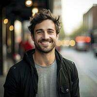 AI generated Handsome Hispanic millennial man standing at outdoor shop photo