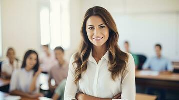 AI generated Pretty teacher smiling at camera at back of classroom at the elementary school photo