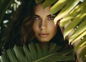 AI generated Portrait of a beautiful young woman with natural makeup hiding face behind green leave photo