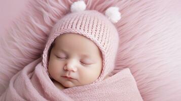 AI generated Sleeping newborn baby in a wrap on pink blanket photo
