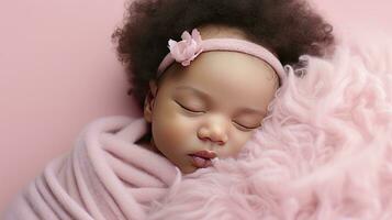 AI generated Sleeping newborn baby in a wrap on pink blanket photo