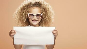 ai generado linda rubia niña con Rizado pelo vistiendo Gafas de sol riendo participación un blanco blanco sábana para un anuncio foto