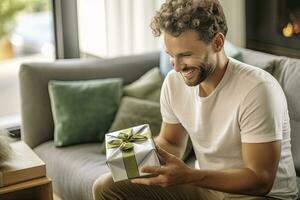 AI generated man opening gift box at home on couch photo