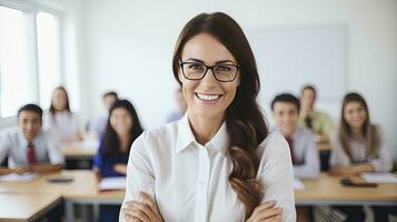 ai generado bonito profesor sonriente a cámara a espalda de salón de clases a el elemental colegio foto