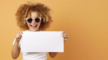 AI generated Cute blonde girl with curly hair wearing sunglasses laughing holding a white blank sheet for an ad photo